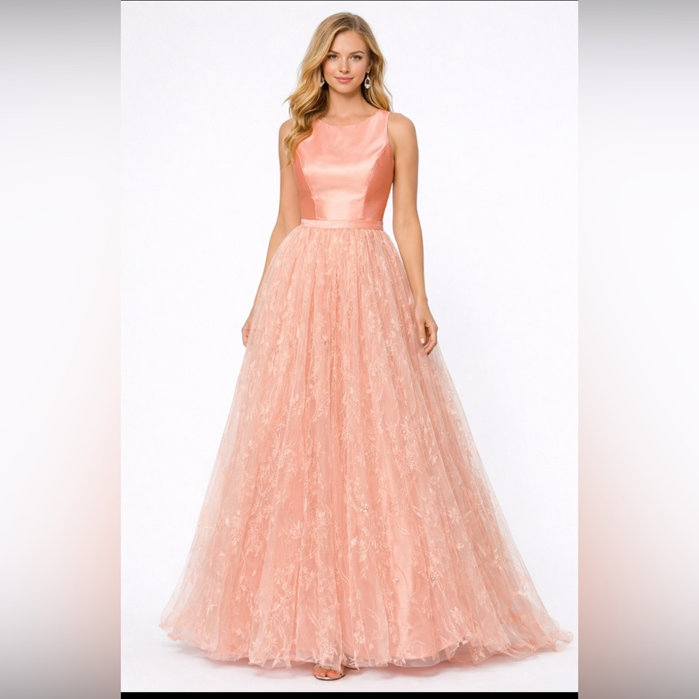 Sherri Hill Peach Satin & Embroidered Tulle Tea Length Formal Dress Prom